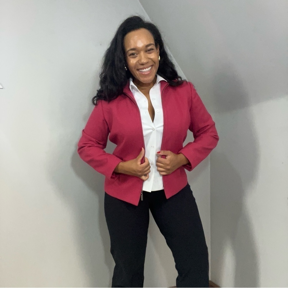 Vintage Pink Wool Cropped Short Jacket Zip Blazer Career Business Preppy Fitted